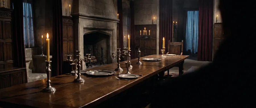 The candlelit hall of a dusk court, one place set at a long empty table.