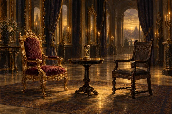 Oil painting of two empty carved chairs facing a small table with an hourglass in Court Solmere’s dim gilded mirror hall.