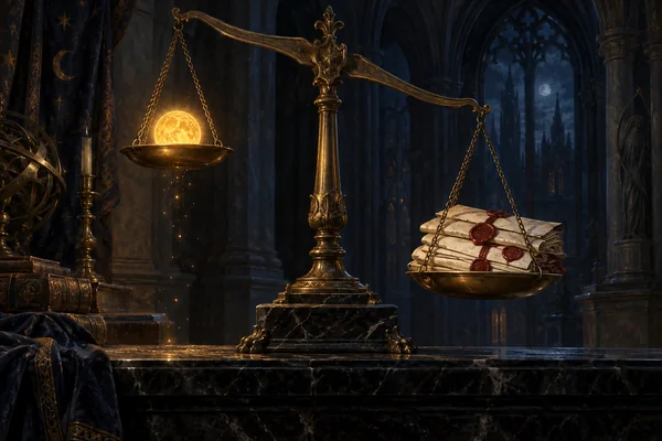 Allegorical oil painting of an antique balance holding a small golden sun against a sealed parchment contract.