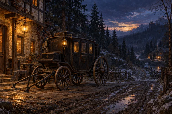Oil painting of a dark wooden passenger coach waiting beside a lantern-lit coaching inn, with wheel ruts leading east through the pines.