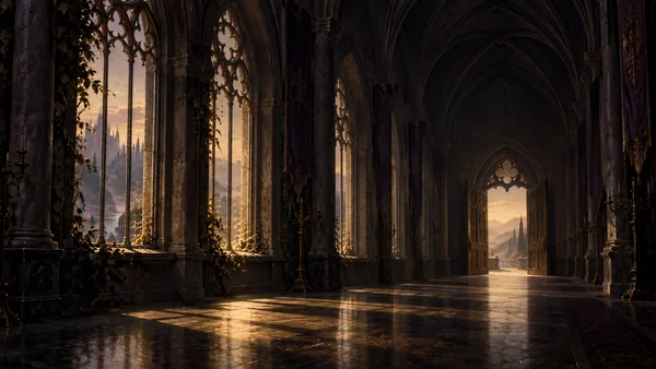 Pale light enters a long, empty hall.
