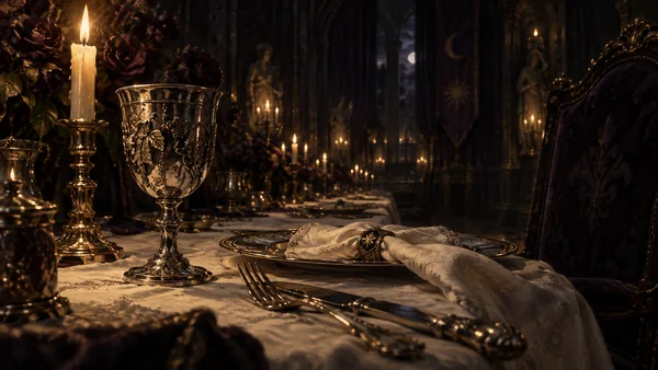 An untouched silver cup at a candlelit place in Vespertine.