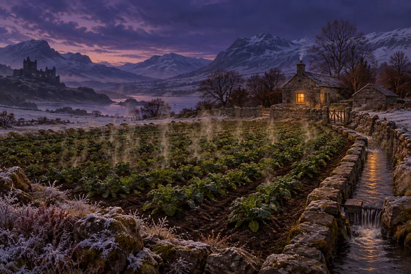 Oil painting of tended fields warmed by the earth beneath violet dusk, with faint vapour rising from the soil and frost on the cooler ground beyond.