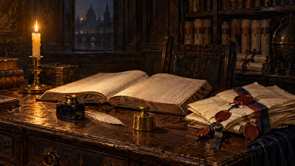 Oil painting of a heavy court ledger, sealed treaty papers and a brass weight on dark wood, lit by warm candlelight.