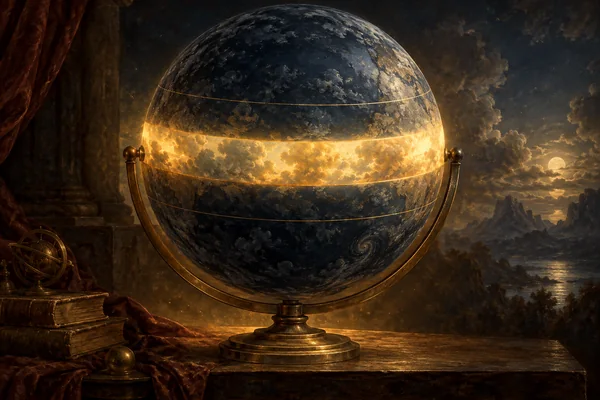Antique oil study of a terrestrial globe with dark poles and a narrow luminous belt around its equator, illustrating the shrinking light-band.
