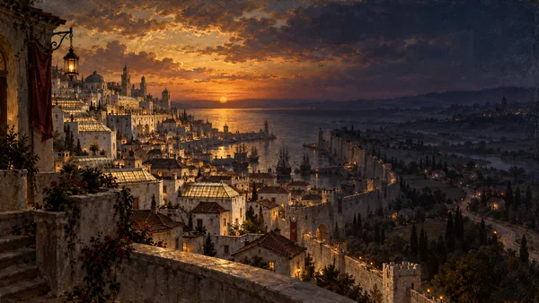 Oil painting of Meridian’s crowded white walls and pale-glass roofs above a harbour, with a thin gold horizon fading into the dusk-lands.
