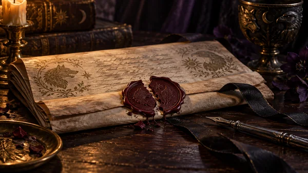 Broken wax and a waiting pen beside an old agreement.