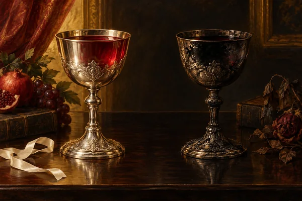 Allegorical oil still life of two silver cups, one holding clear ruby liquid and the other darkened by spreading black tarnish.