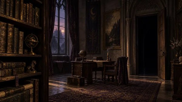 A quiet archive opens toward a blue-black doorway.