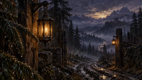 Border lanterns hang above a misted path through the pines.